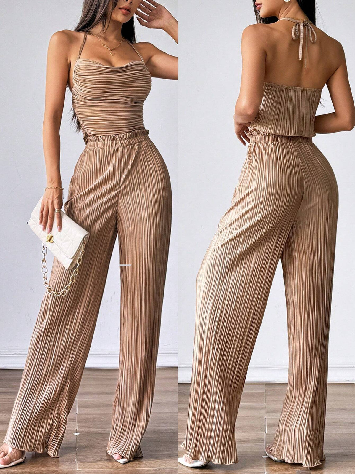 SHEIN Firerie 2pcs Women's Halter Back-Tie Top And Elastic Waist Pants Casual Suit0