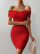 SHEIN Firerie Women Open Shoulder Short Sleeve Beaded Bodycon Sexy Mini Dress