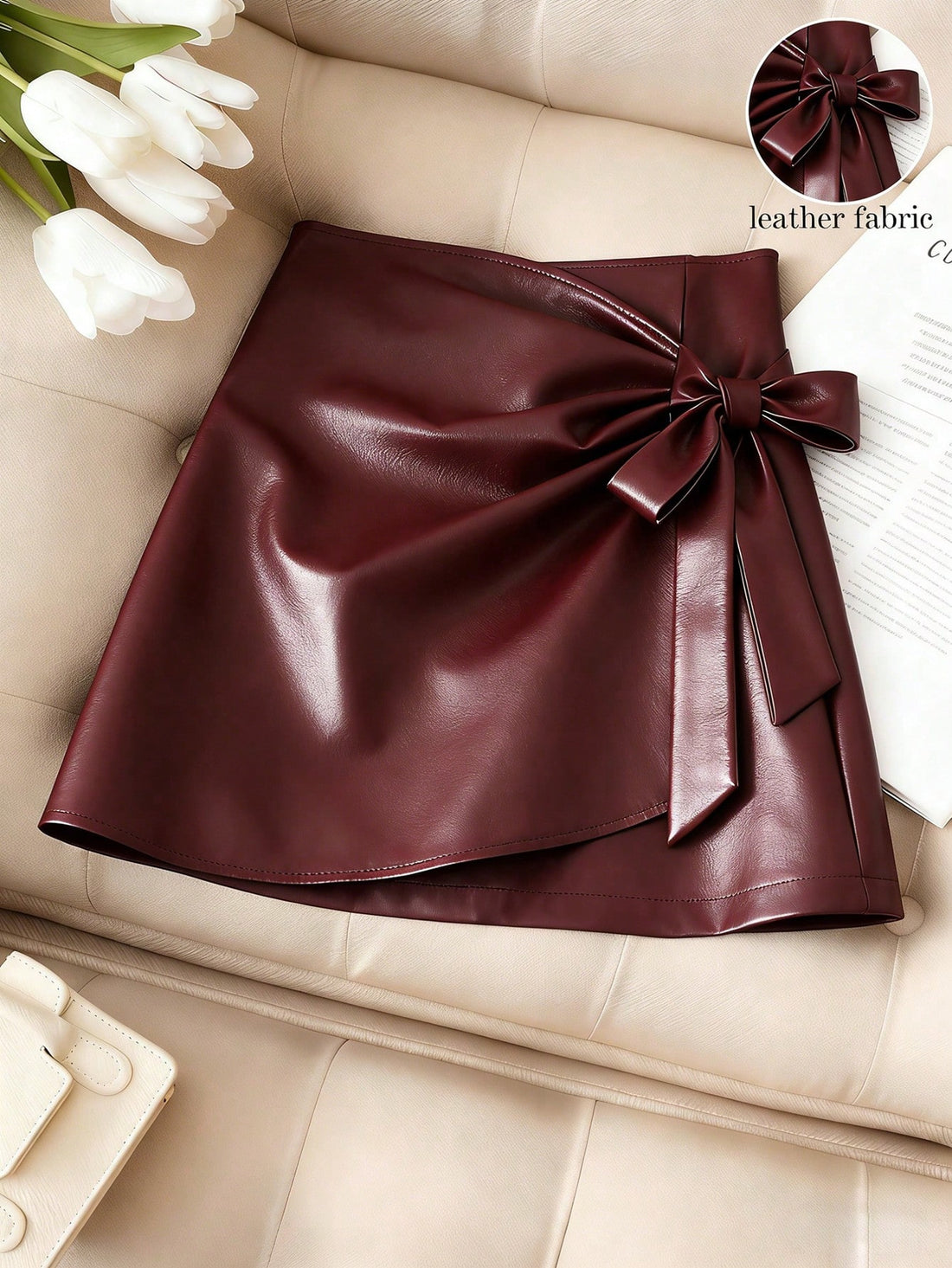 SHEIN Franclia Burgundy Shimmer PU Leather Lace-Up Short Skirt