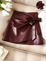 SHEIN Franclia Burgundy Shimmer PU Leather Lace-Up Short Skirt