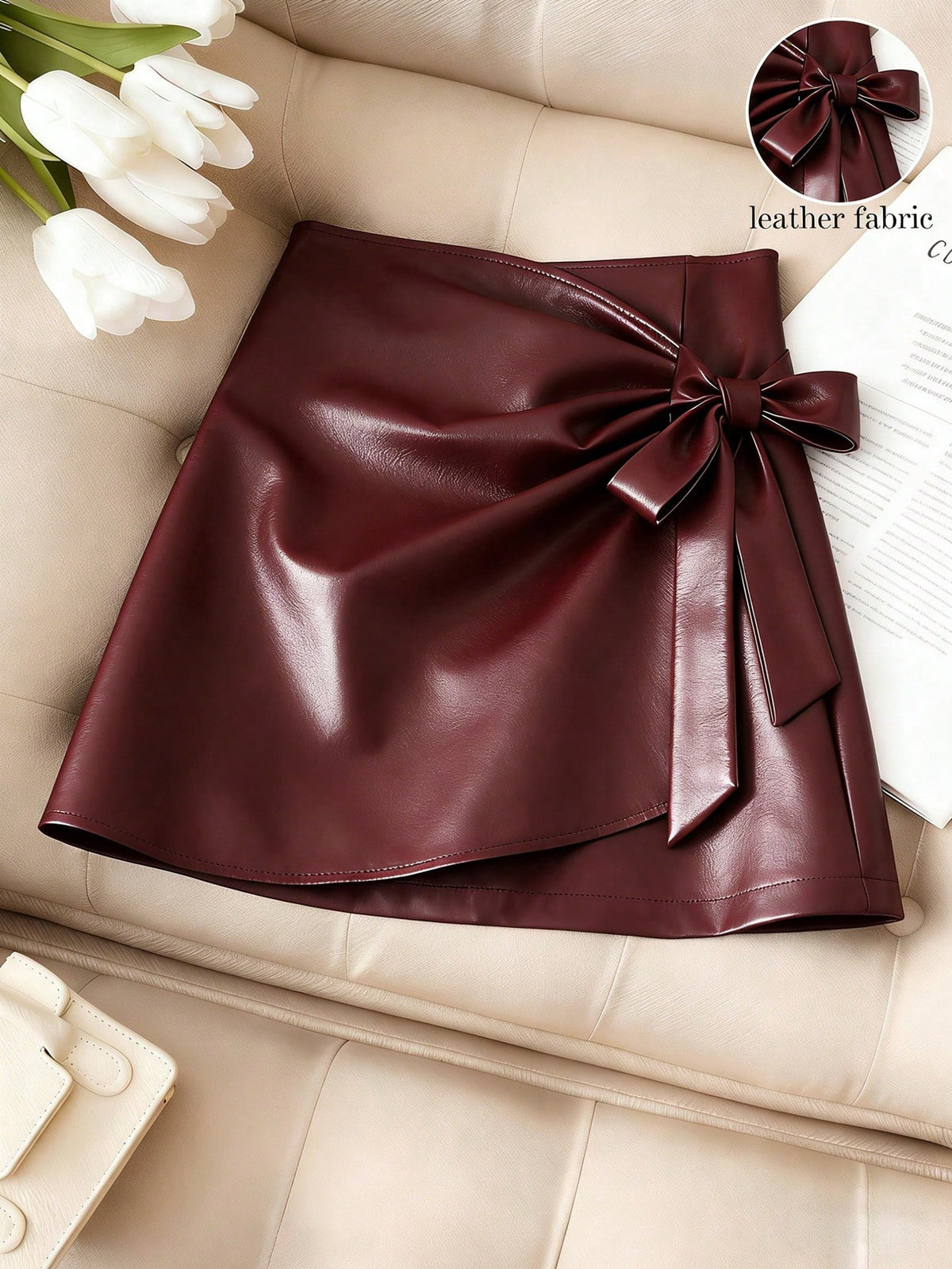 SHEIN Franclia Burgundy Shimmer PU Leather Lace-Up Short Skirt