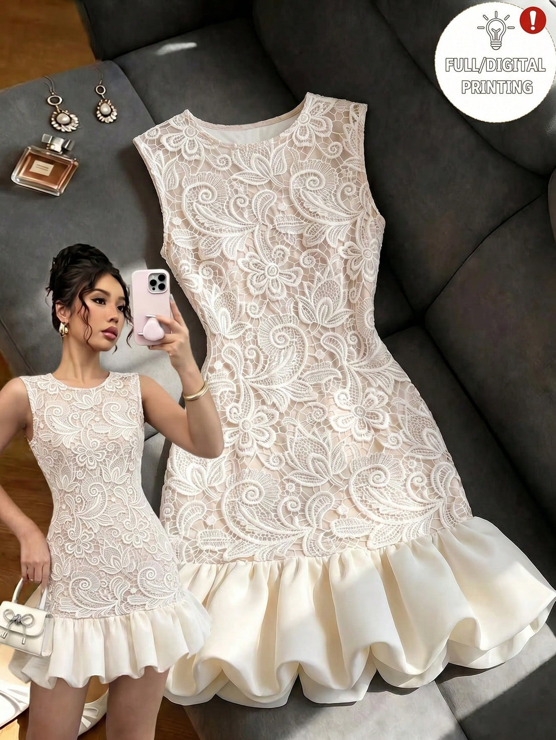 SHEIN Franclia Women's Elegant White Lace Print Round Neck Elastic Waist Bodycon Spliced Solid Hem Mini Dress, Summer Commute