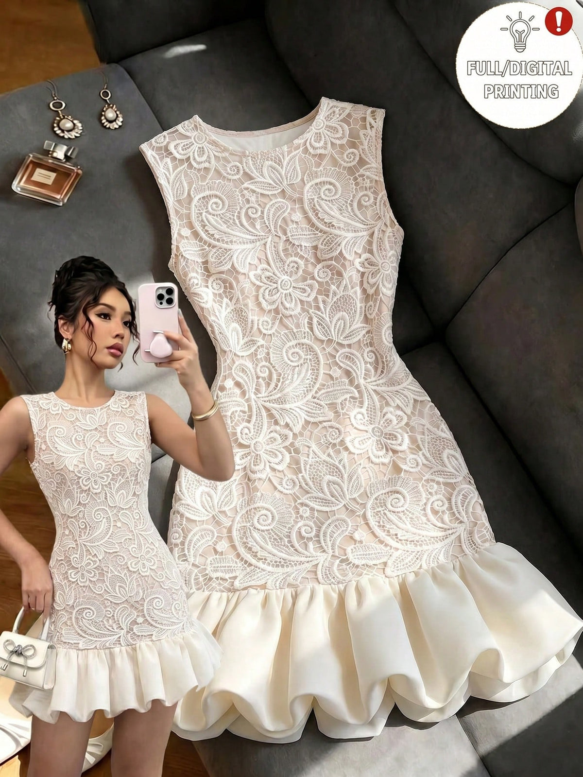SHEIN Franclia Women's Elegant White Lace Print Round Neck Elastic Waist Bodycon Spliced Solid Hem Mini Dress, Summer Commute