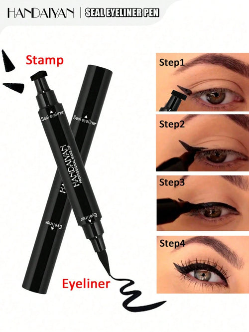 Handaiyan Seal Eyeliner Pen shown with two black applicator pens crossed on a white background, plus four inset panels demonstrating eyeliner application steps and a black ink swatch. Text labels include 'Stamp', 'Eyeliner', and 'Handaiyan Seal Eyeliner Pen'.