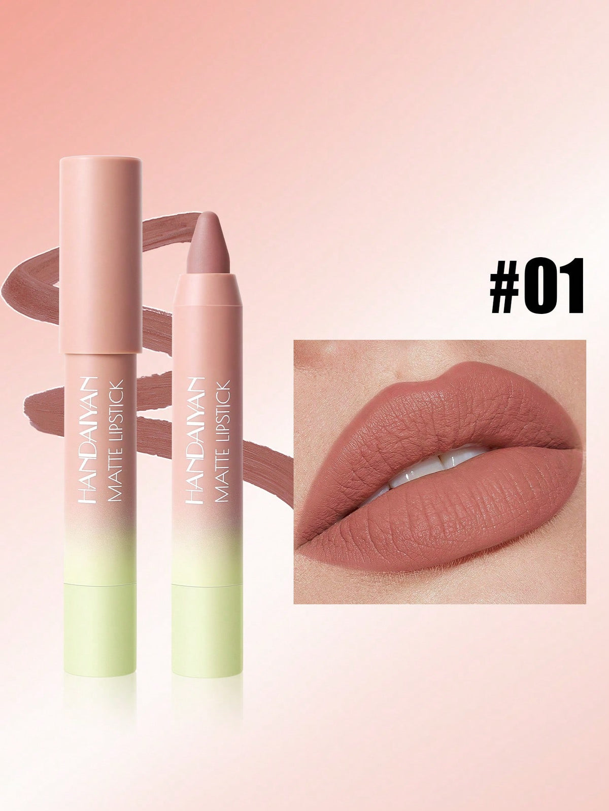 Hanaianas matte lipstick and lip crayon set in shade #01, featuring a dual-ended tube, a lip crayon, a lipstick smear, and a close-up of lips showing the matte dusty rose-pink finish.