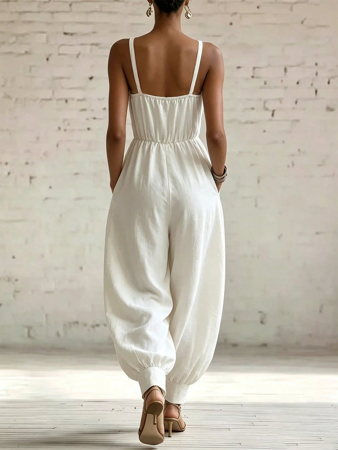 SHEIN Holidaya White Textured Ruched Waist Spaghetti Strap Loose Jumpsuit