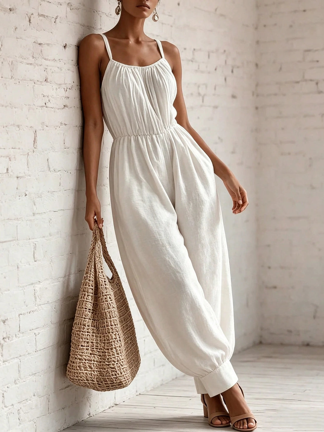 SHEIN Holidaya White Textured Ruched Waist Spaghetti Strap Loose Jumpsuit