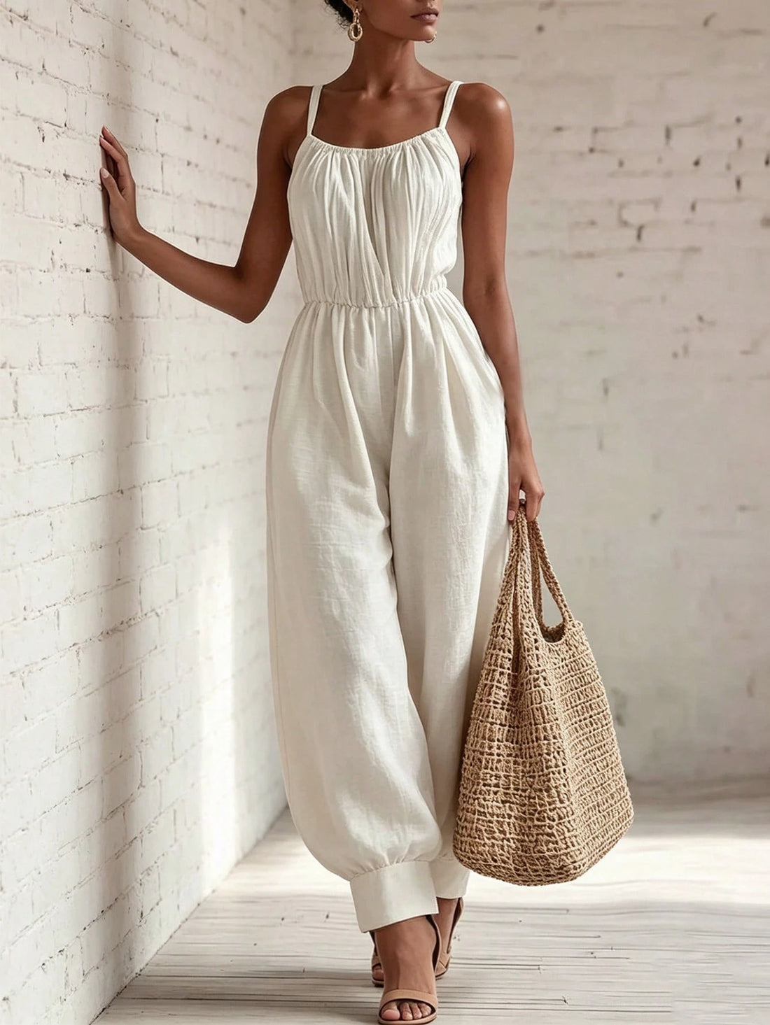 SHEIN Holidaya White Textured Ruched Waist Spaghetti Strap Loose Jumpsuit