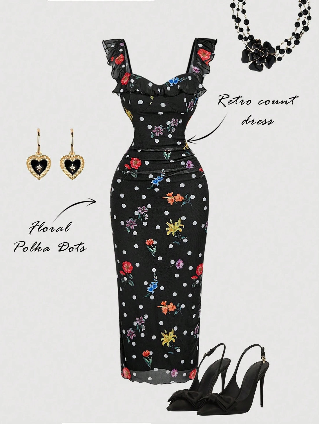 SHEIN MOD Floral & Polka Dot Pattern Midi Dress For Women, Polka Dot Dress, , Spring/Summer, Romantic1