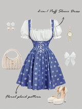 SHEIN MOD Vintage Cute Blue Plaid Patchwork Dress With Puff Sleeves And Cross Tie – Perfect Fo0