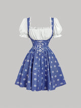 SHEIN MOD Vintage Cute Blue Plaid Patchwork Dress With Puff Sleeves And Cross Tie – Perfect Fo00