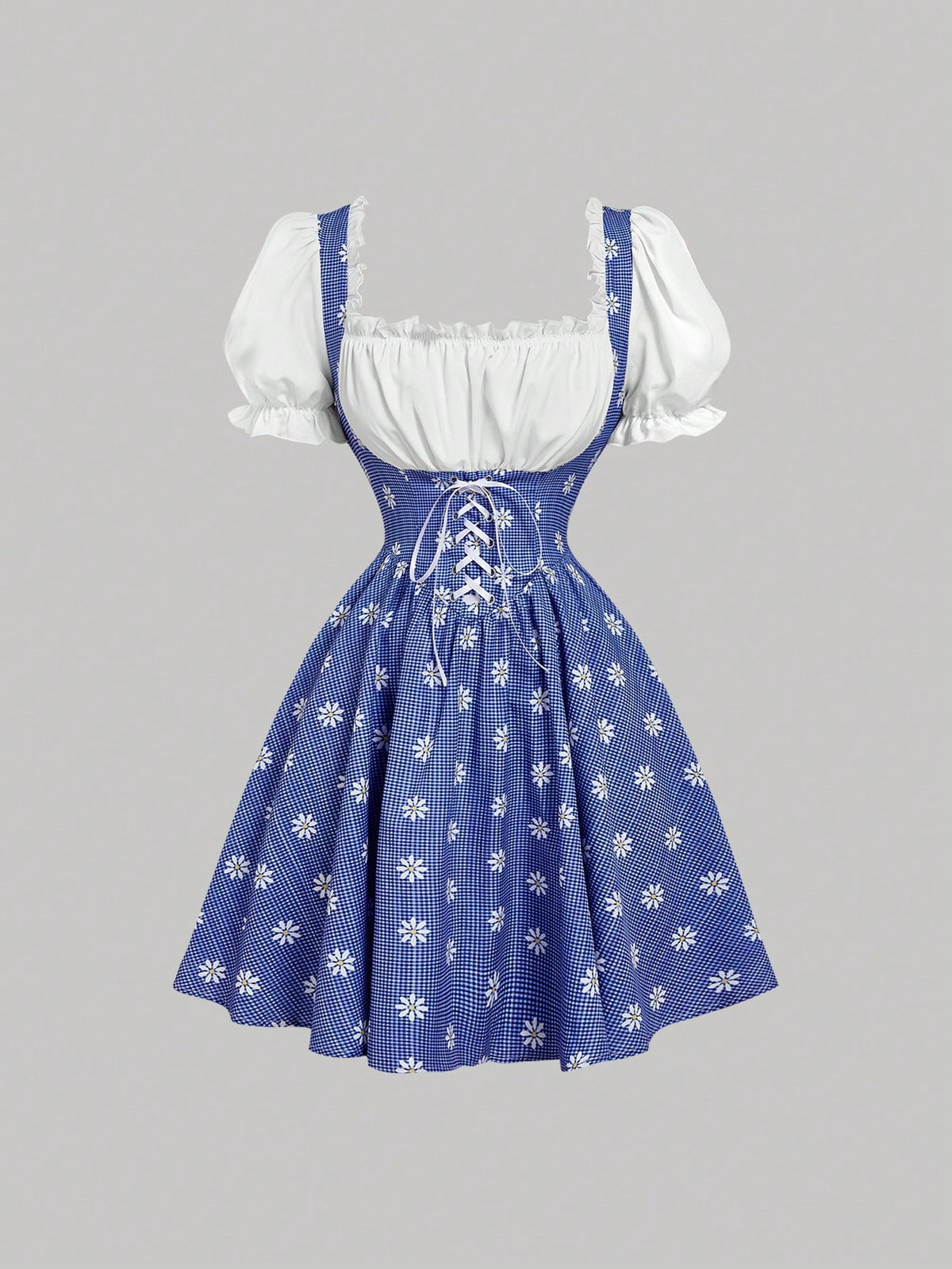SHEIN MOD Vintage Cute Blue Plaid Patchwork Dress With Puff Sleeves And Cross Tie – Perfect Fo00