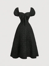 SHEIN MOD Women's Puff Sleeve Bowknot Textured Mid-Length Dress,Graduation Dress,Modest Dresses For Women