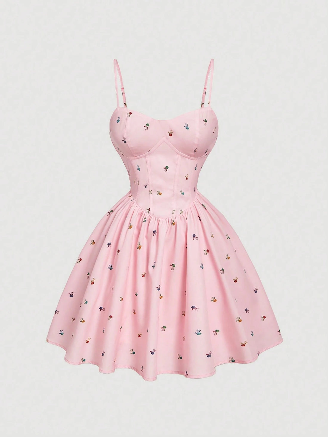 SHEIN MOD Baby Pink Embroidered Shirred Spaghetti Strap Short Dress