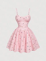SHEIN MOD Baby Pink Embroidered Shirred Spaghetti Strap Short Dress