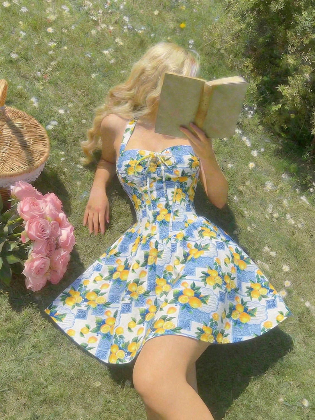 SHEIN MOD Yellow And Blue Floral Print Dress, Sleeveless Design, Square Neckline With Tie Detail, Fitted