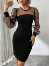SHEIN Privé Contrast Mesh Lantern Sleeve Bodycon Dress