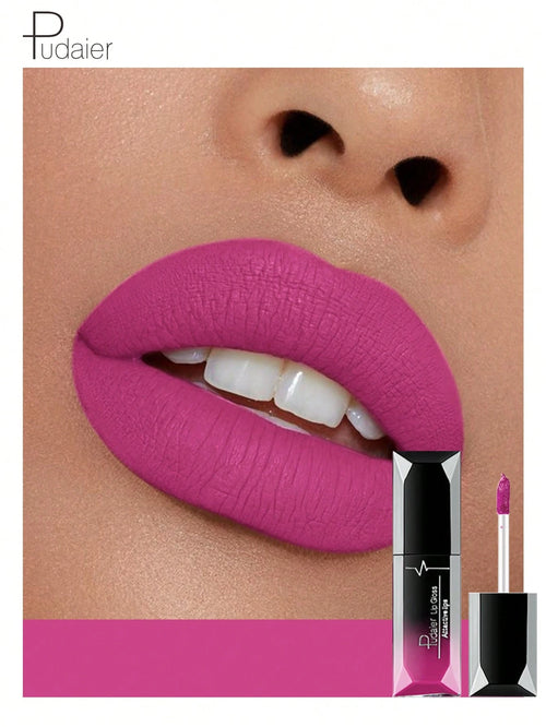 Close-up of a person wearing bright pink lipstick with Pudaier product packaging.
