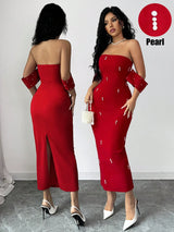 SHEIN Rafferiza Red Women's Simple Stretch Base Slim Pearl-Decorated Buttons Women Casual Club Business000