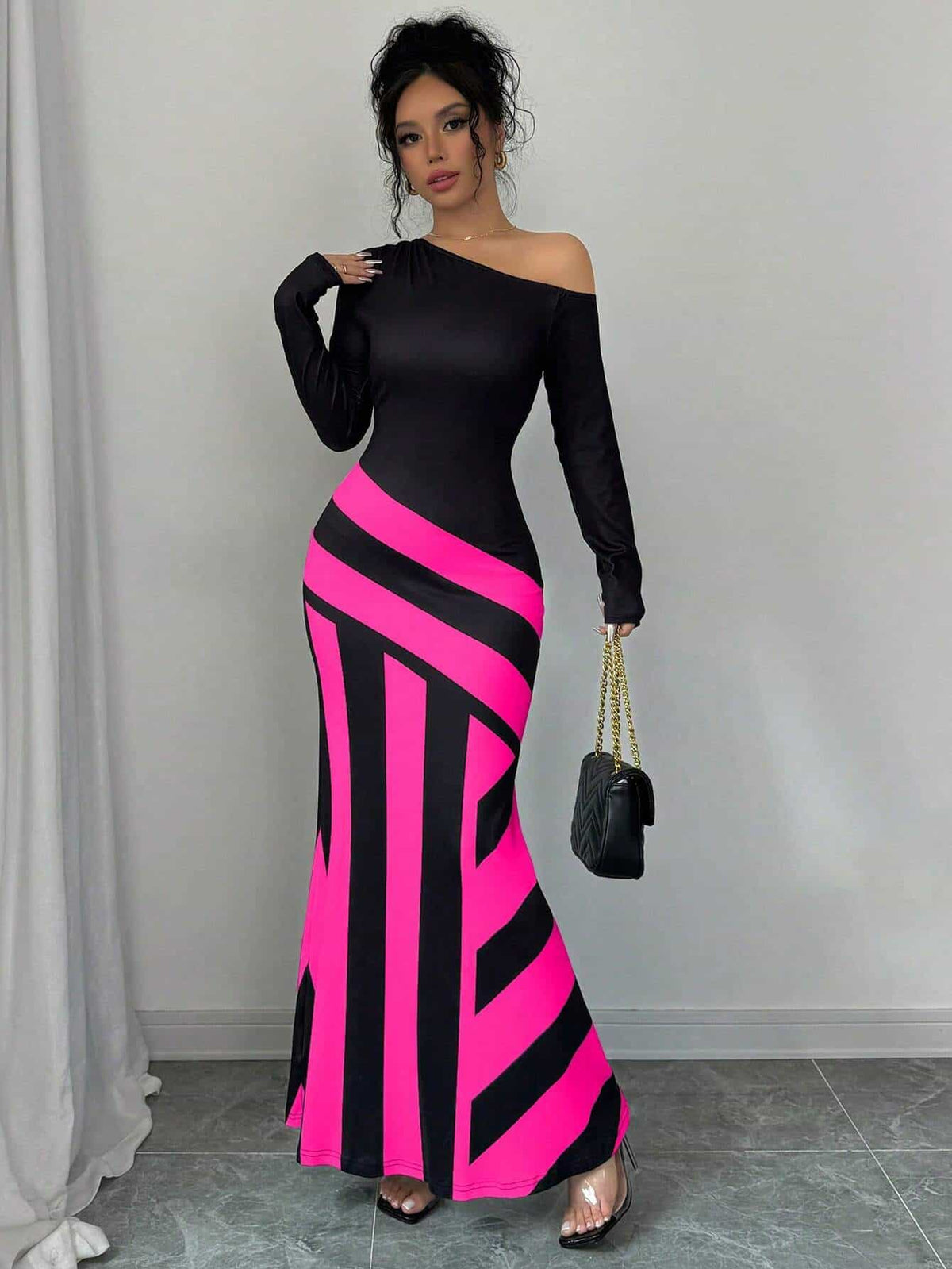 SHEIN Raffinéa Oblique Shoulder Ruched Waist Fishtail Design Sexy Women Dress Maxi Women Outfit