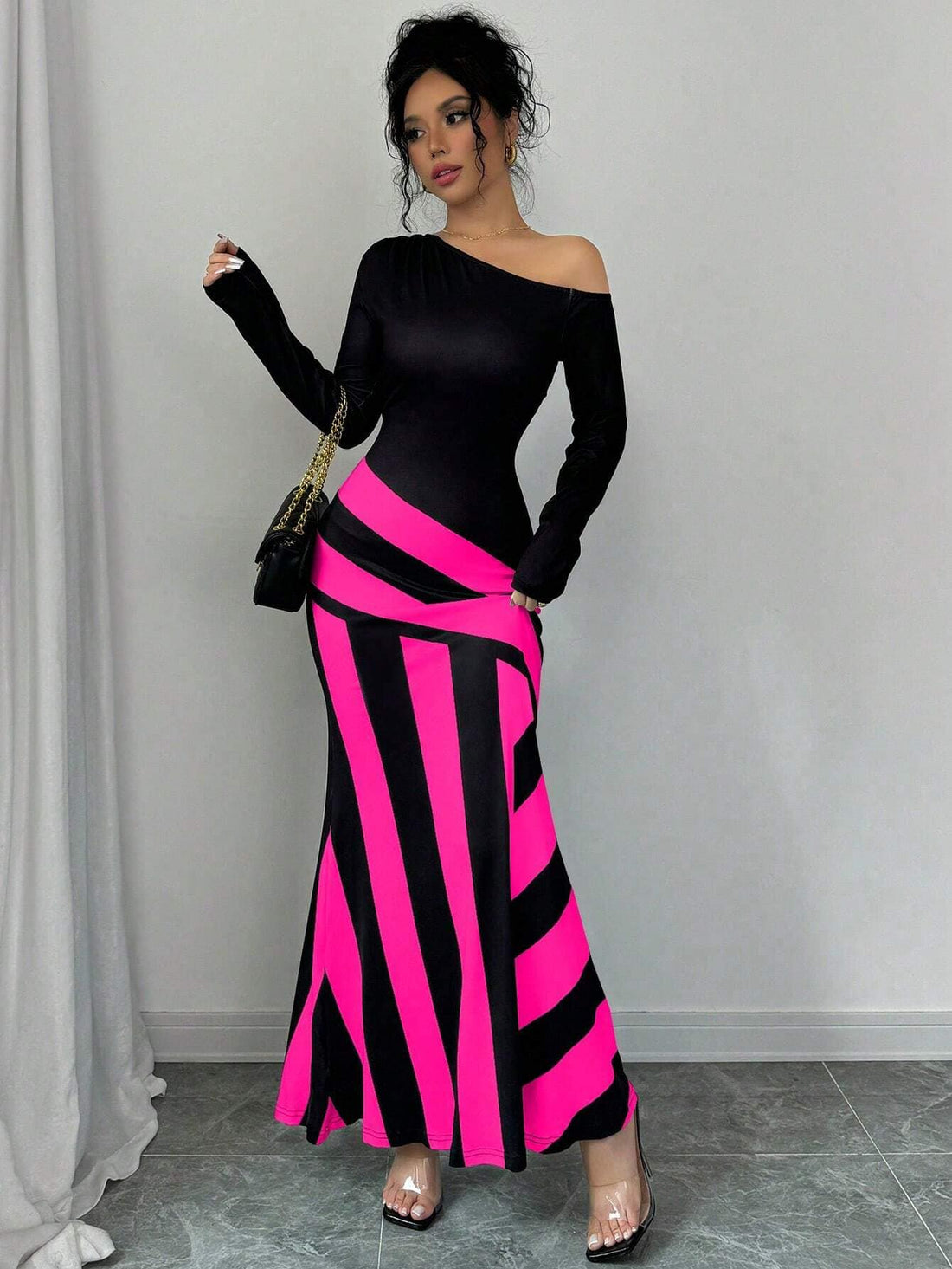 SHEIN Raffinéa Oblique Shoulder Ruched Waist Fishtail Design Sexy Women Dress Maxi Women Outfit