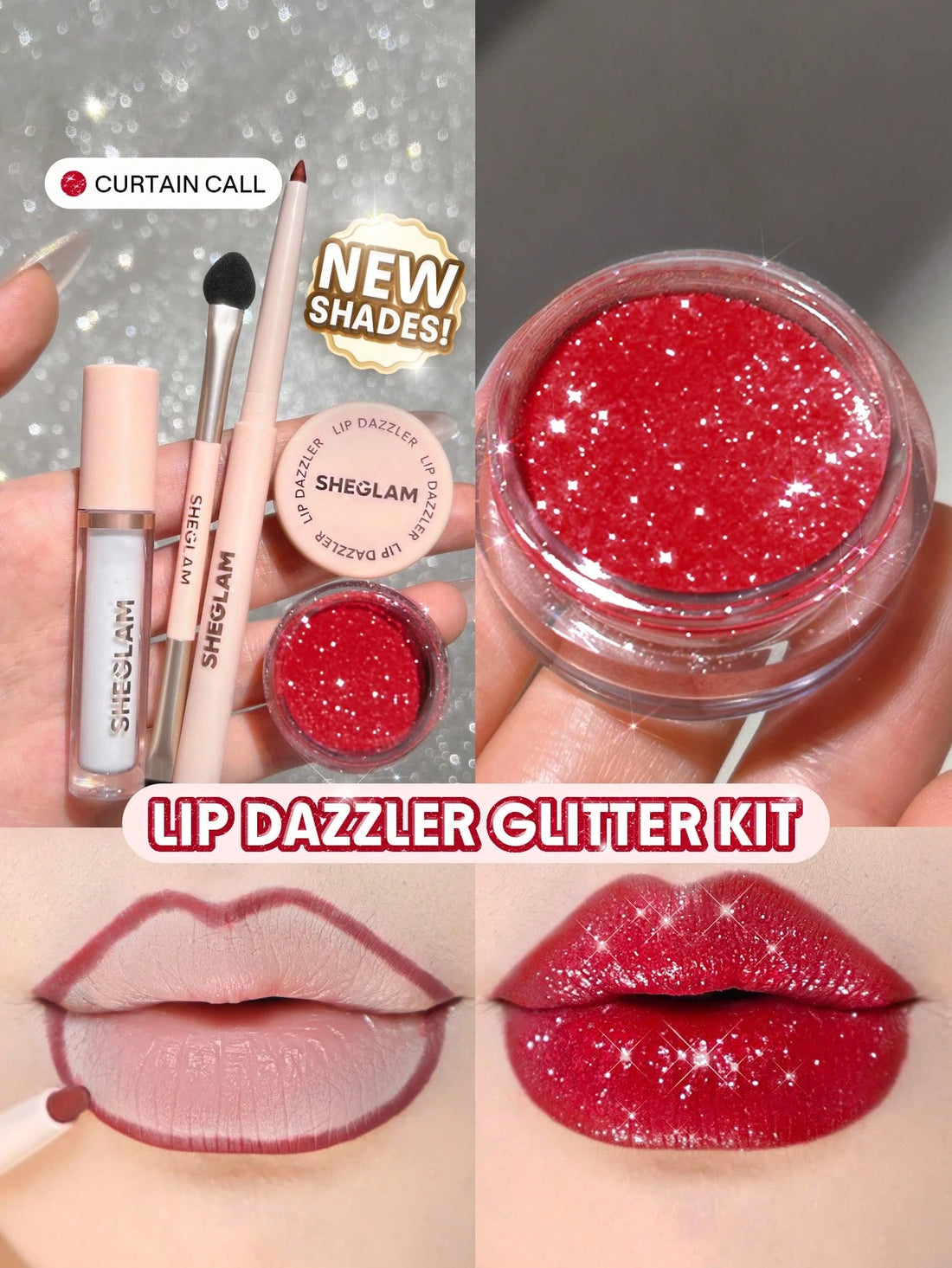SHEIN SHEGLAM Lip Dazzler Glitter Kit-Curtain Call Lip Combo Brand Beauty Makeup Face Paint Cosmetic For