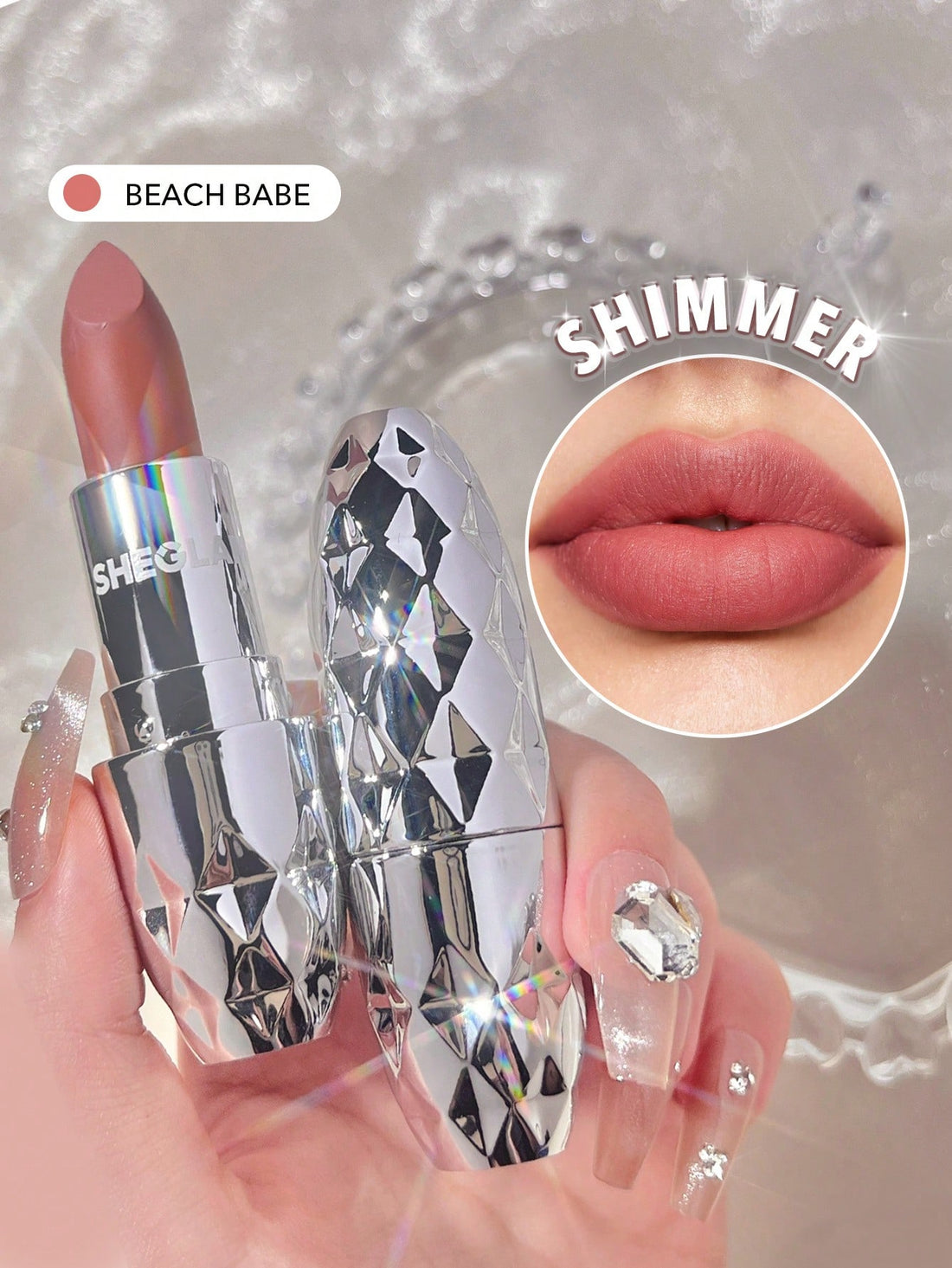 Lipstick with diamond design and close-up of lips wearing the shade 'Beach Babe'.