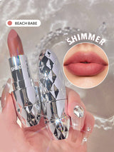 Lipstick with diamond design and close-up of lips wearing the shade 'Beach Babe'.