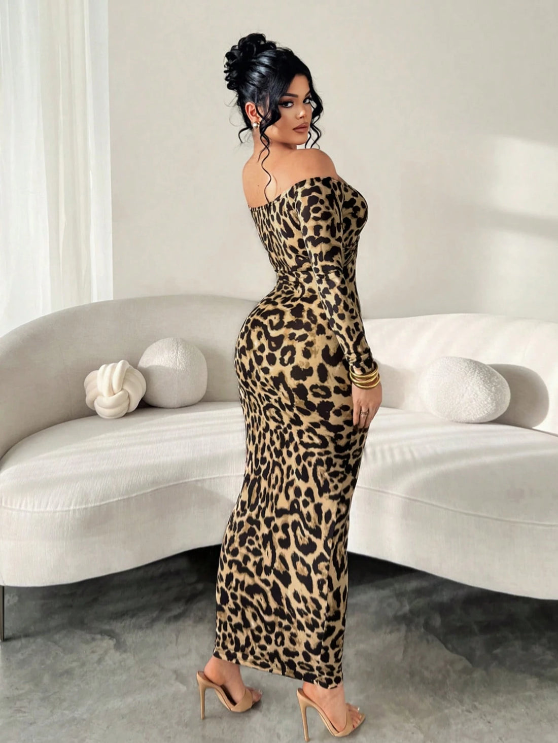SHEIN SXY Elegant Sexy Leopard Print Off Shoulder Fitted Long DresS1