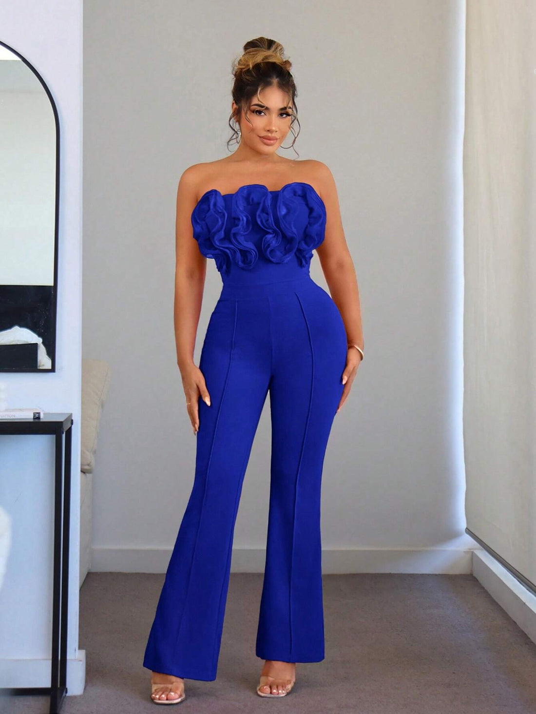 SHEIN SXY Jiri Royal Blue Strapless Wide Leg Ruffle Jumpsuit