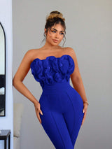 SHEIN SXY Jiri Royal Blue Strapless Wide Leg Ruffle Jumpsuit
