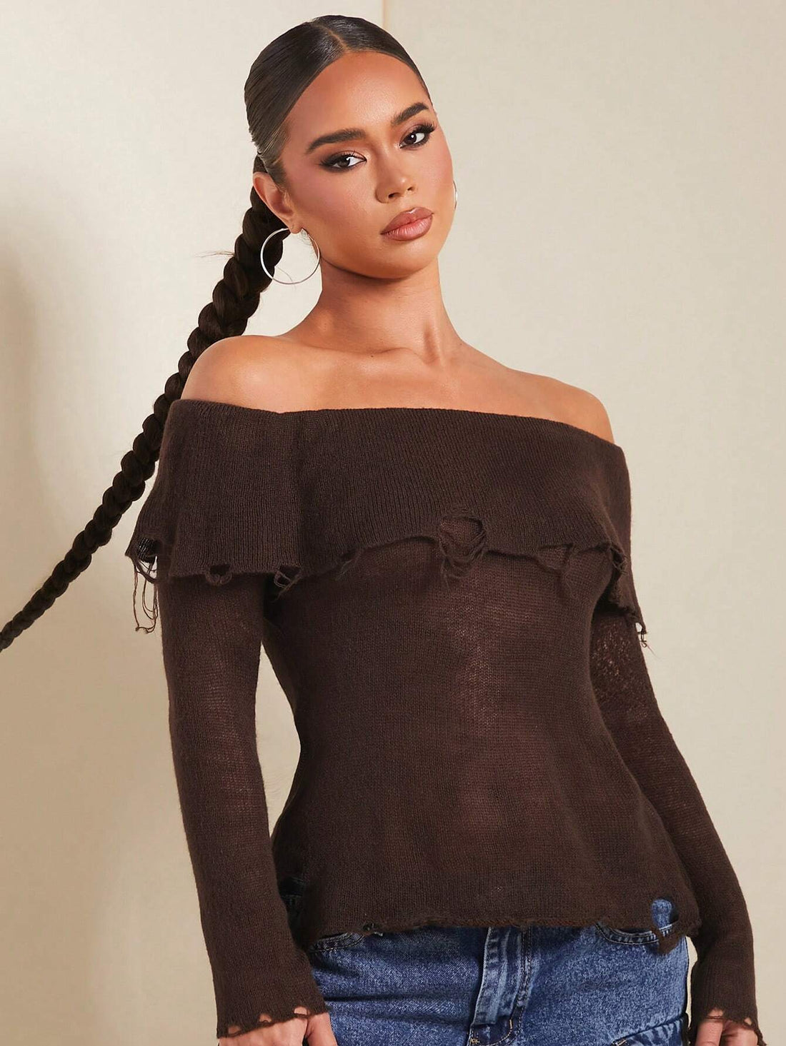 SHEIN SXY Brown Off Shoulder Ripped Rib-Knit Sweater