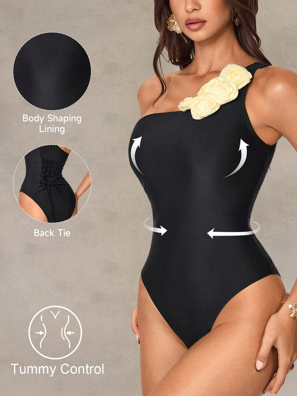 A woman models a black body-shaping bodysuit with a pale yellow ruffled shoulder accent. The image includes inset callouts showing black body shaping lining, a back tie detail, white arrows indicating torso shaping, and a tummy control graphic on a textured gray background.