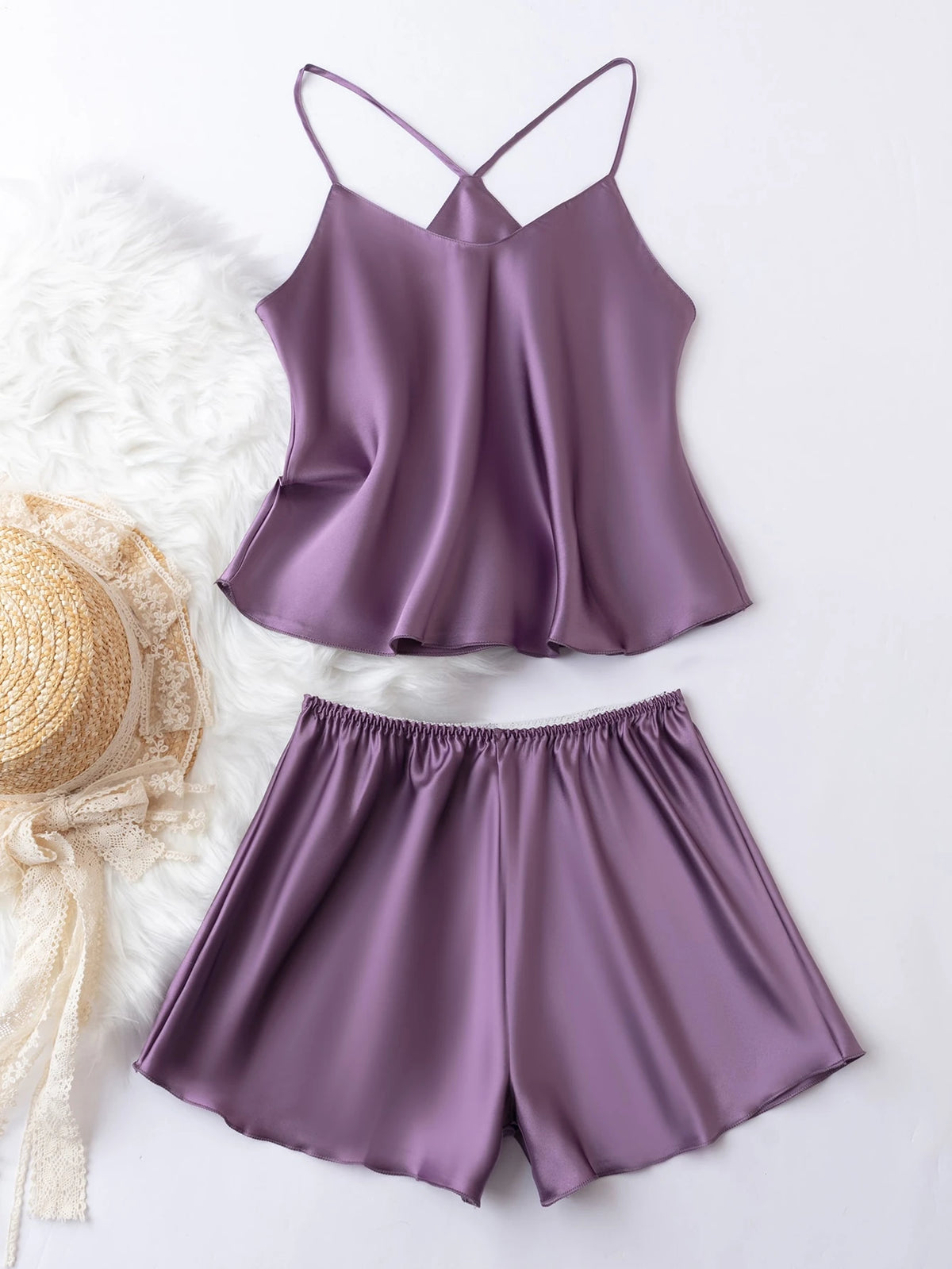 SHEIN SilkySpell Women Solid Color Camisole And Shorts Pajama Set0