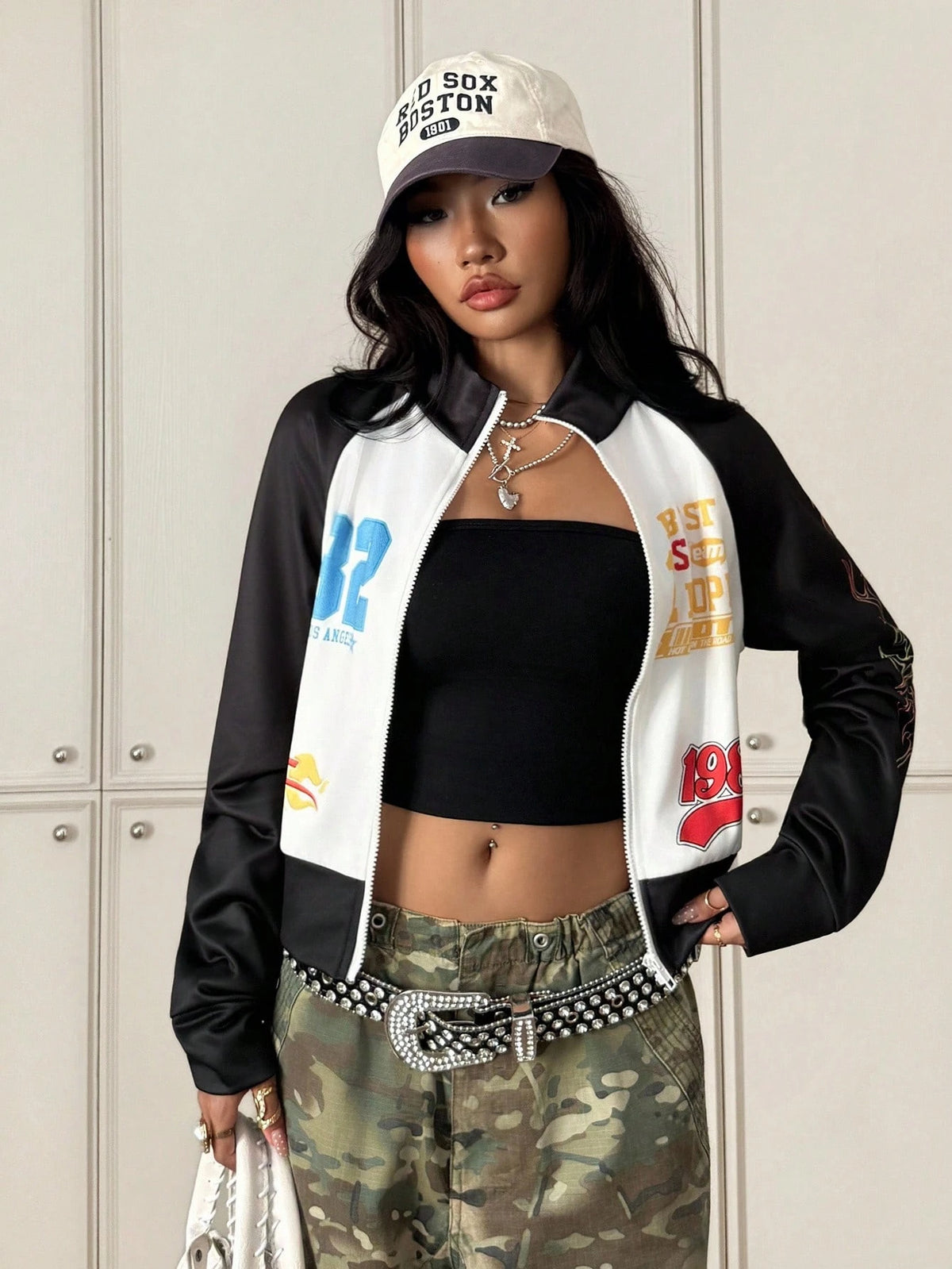 SHEIN StreetHx Women's Contrast Color Patchwork Logo & Racing Element Print Sweatshirt Fall Cloth For Women1