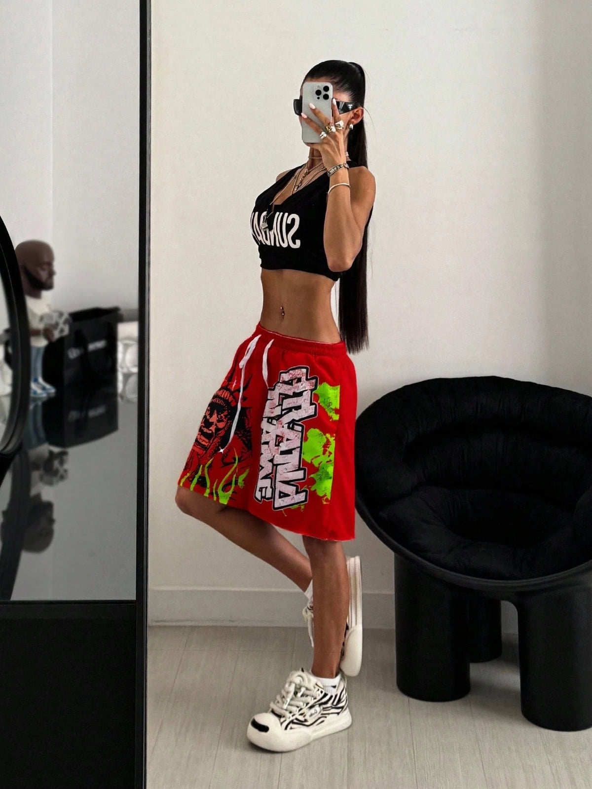 SHEIN StreetHx Women's Red Flame Letter Print Oversized Streetwear Casual Shorts, Spring/Summer0