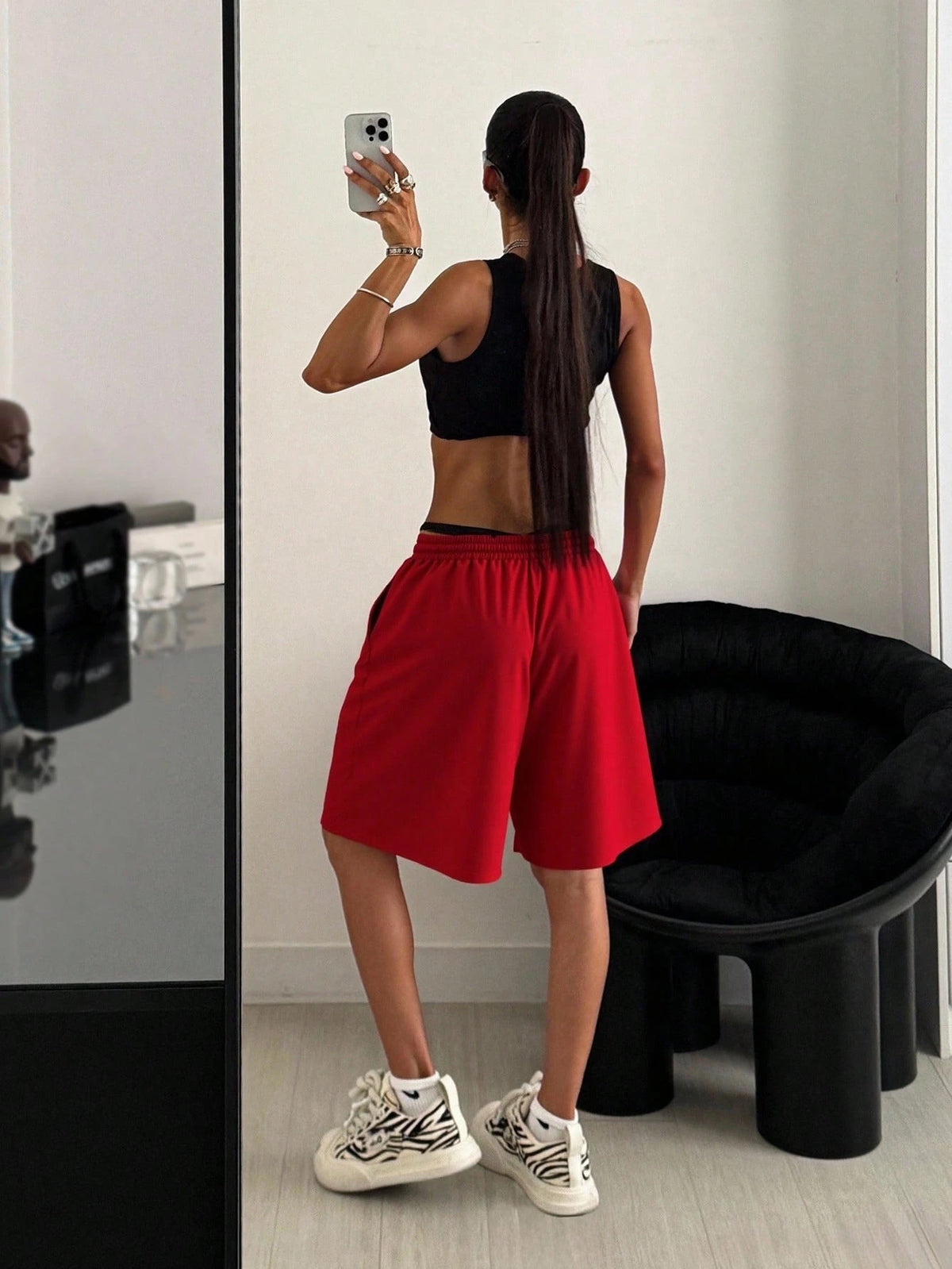 SHEIN StreetHx Women's Red Flame Letter Print Oversized Streetwear Casual Shorts, Spring/Summer1