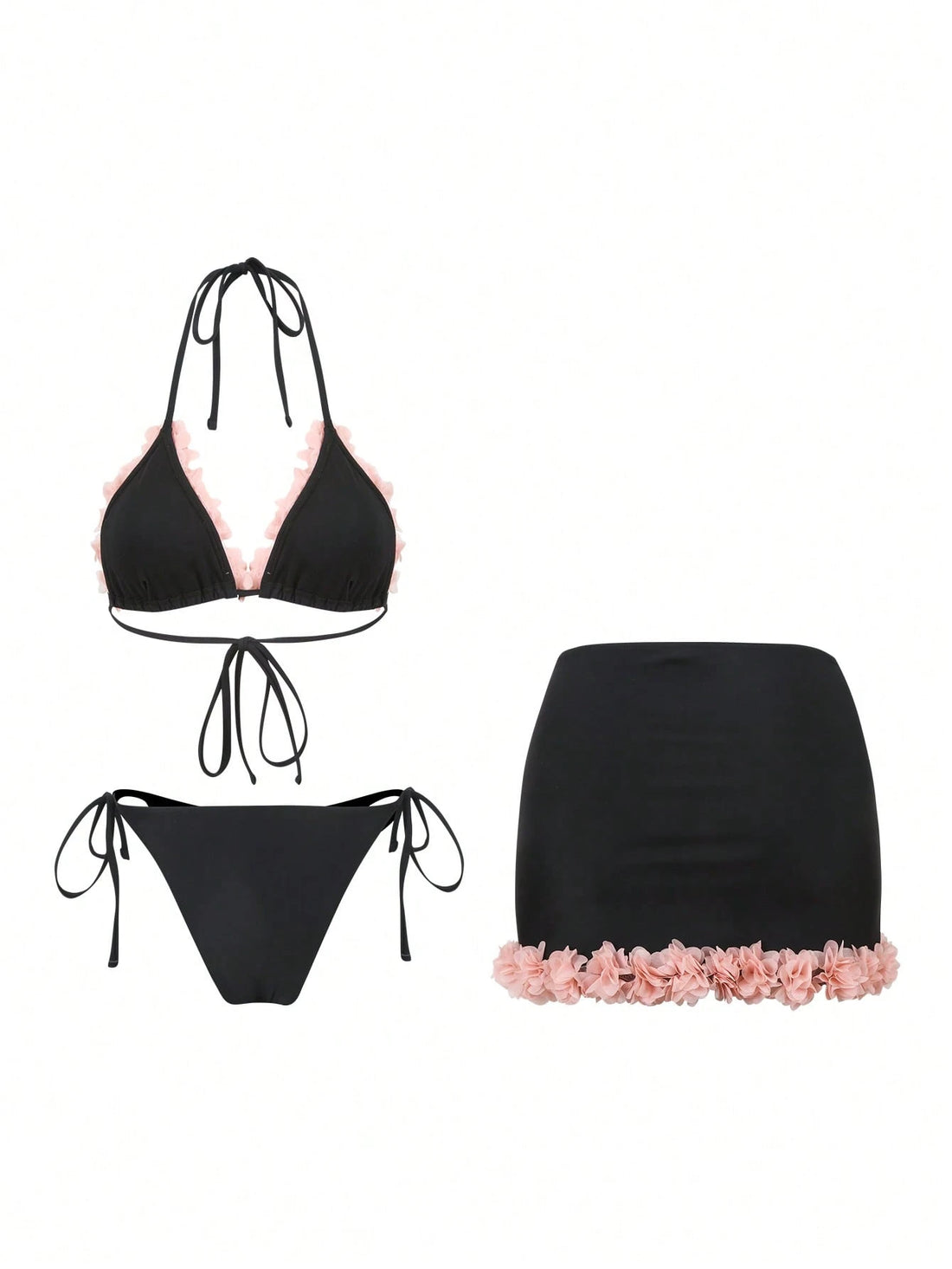 SHEIN Swim Oasis Summer Beach Women 3-Piece Swimsuit Set: Pink Floral Decorated Triangle Top0