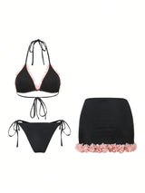 SHEIN Swim Oasis Summer Beach Women 3-Piece Swimsuit Set: Pink Floral Decorated Triangle Top0