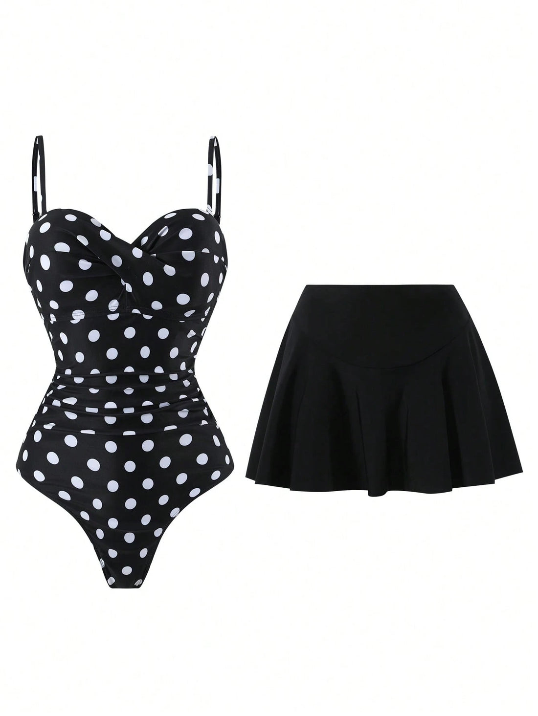 A two-piece swimsuit set featuring a black one-piece swimsuit with white polka dots and a solid black pleated mini skirt, displayed against a plain white background.