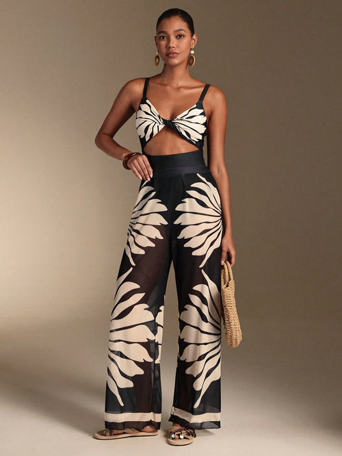 SHEIN Swim Oasis Women's Patchwork Color Swimsuit With Wide Leg Pants, Beach Resort Vacation Set 2026 New