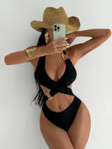 SHEIN Swim SXY Women Solid Golden Decor Strappy Back Tie One Piece Swimsuit For Summer Beach Vacation