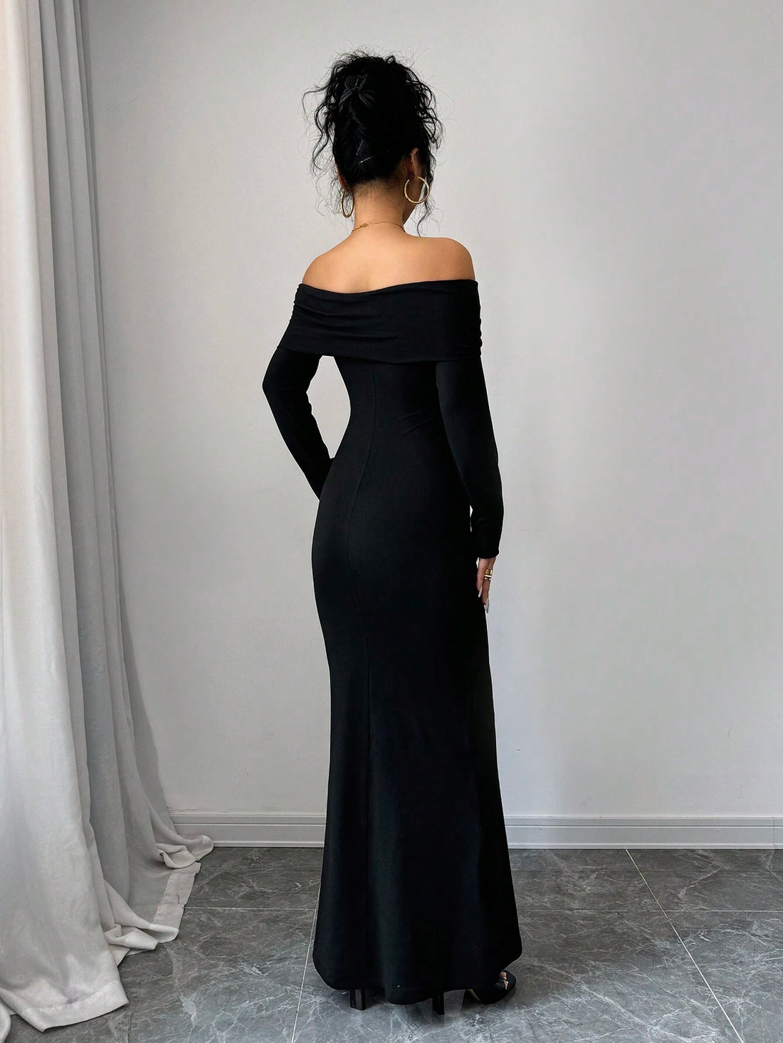 SHEIN Unity Black Off Shoulder Ruched Mermaid Hem Bodycon Maxi Dress