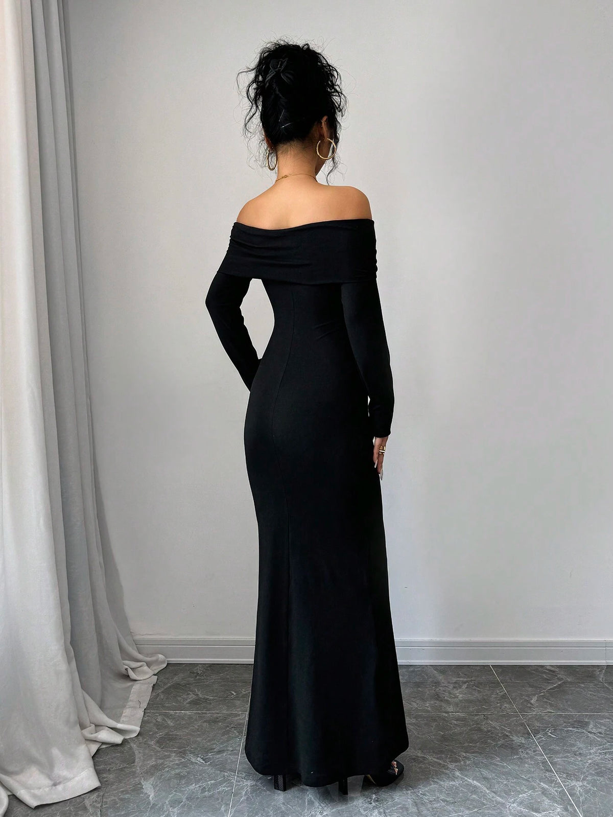 SHEIN Unity Black Off Shoulder Ruched Mermaid Hem Bodycon Maxi Dress