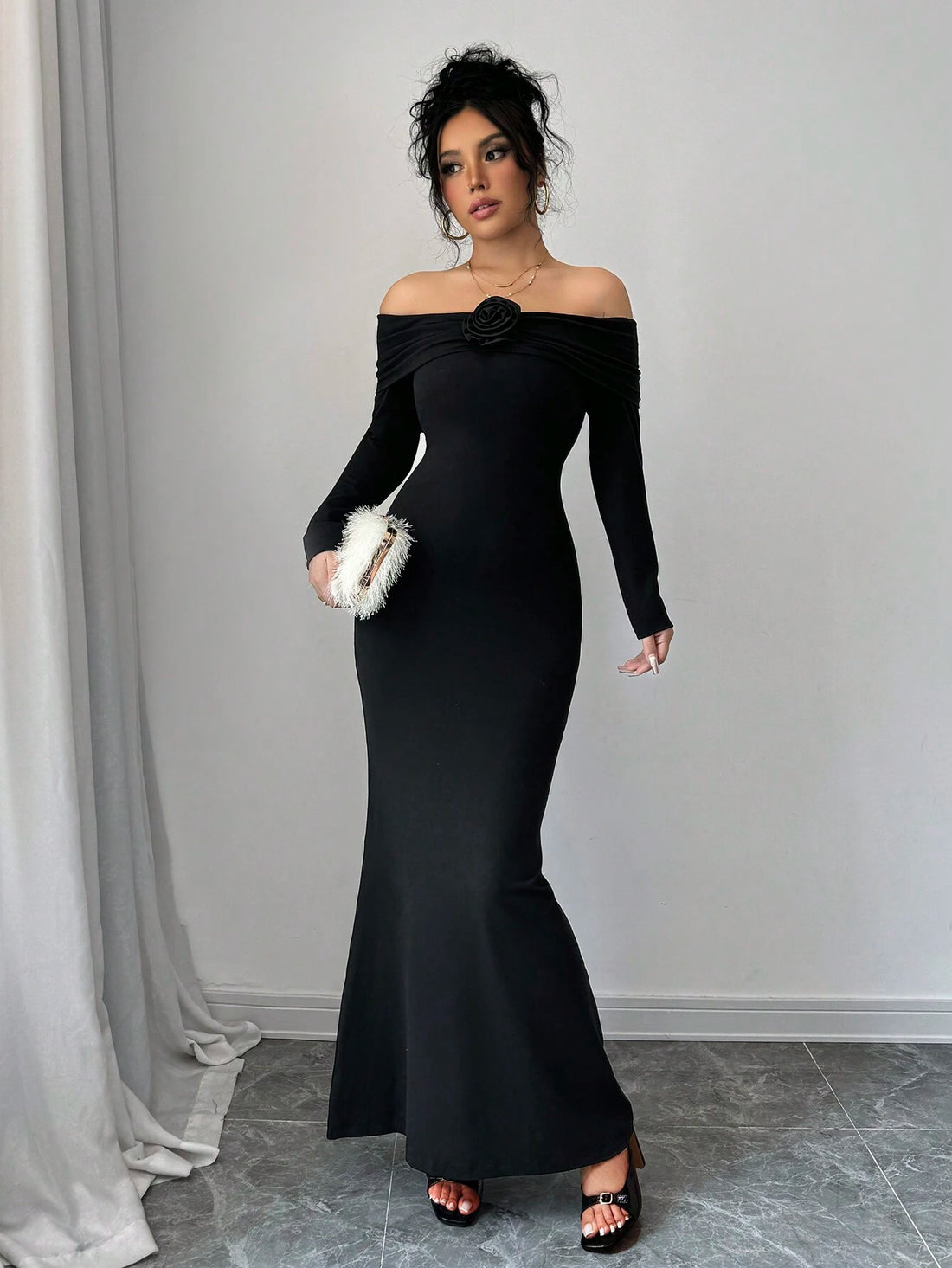 SHEIN Unity Black Off Shoulder Ruched Mermaid Hem Bodycon Maxi Dress