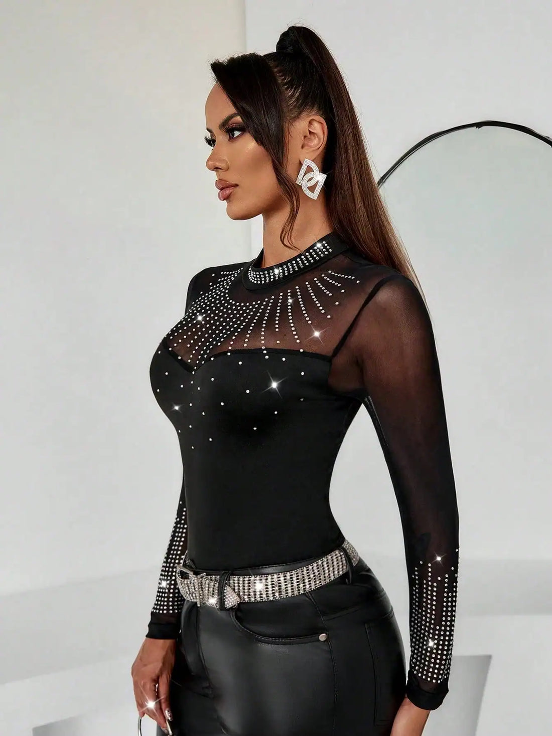 SHEIN Unity Women's Elegant Rhinestone Mesh Splice Sexy Bodysuit