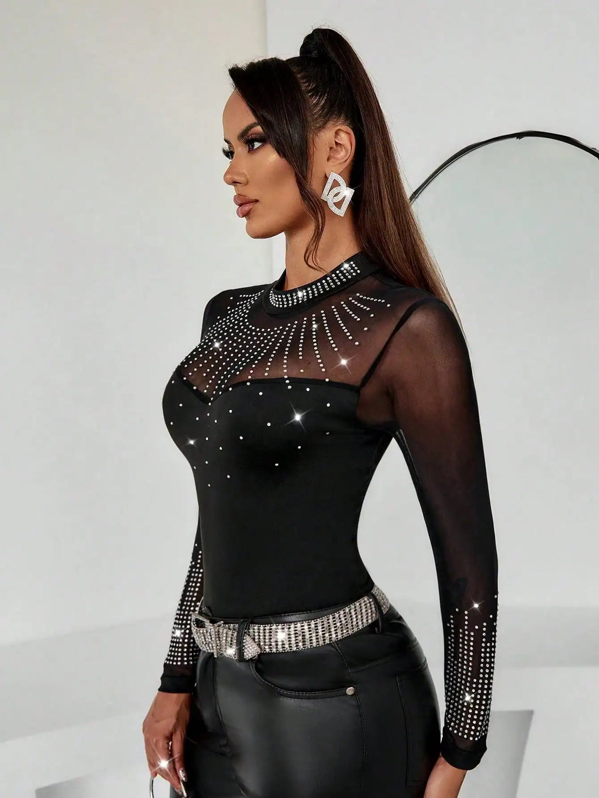 SHEIN Unity Women's Elegant Rhinestone Mesh Splice Sexy Bodysuit