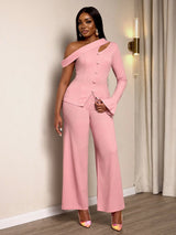 SHEIN  Women's Solid Color Asymmetric Collar Long Sleeve Button Design Top And Wide Leg Pants Elegant Suit