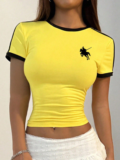 SHEIN Women's Summer Round Neck Short Sleeve Contrast Color Print T-Shirt21