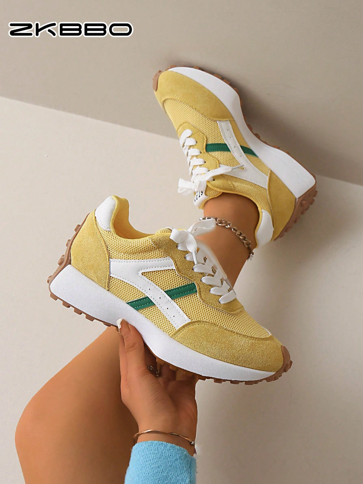 SHEIN ZKBBO Yellow Retro Lace-Up Flat Lightweight Sneakers